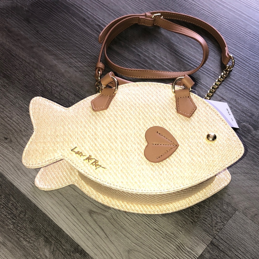 Betsey Johnson Natural Woven Straw & Brown Faux Leather Fish Crossbody Bag NWT